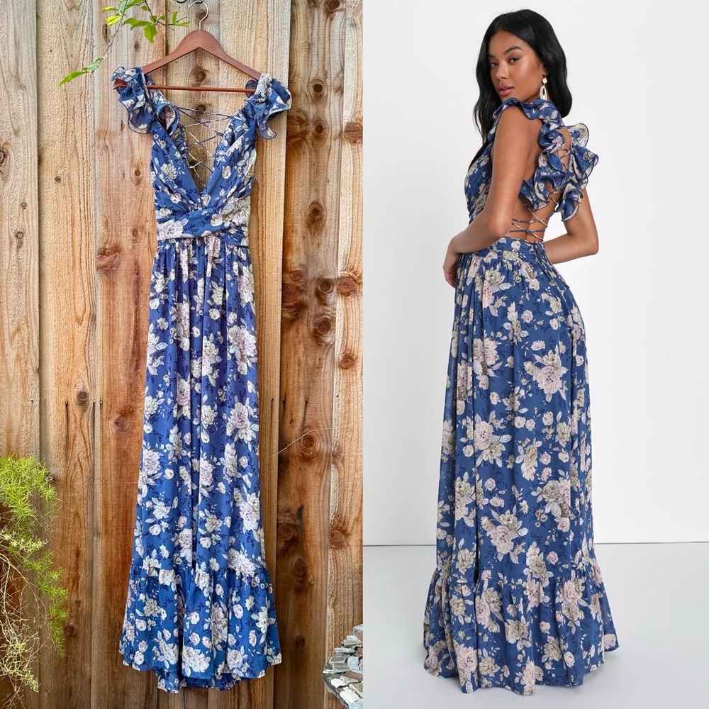 Blue and Cream Floral Ruffled Sleeve Chiffon Maxi Dress 🌿✨